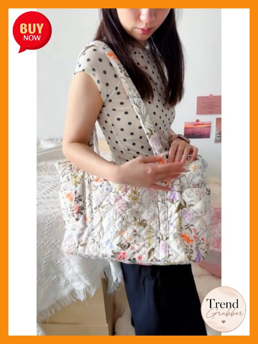 Quilted Cotton Tote Bag with Zipper Padded Laptop Sleeve 11 Compartments - Picture 6 of 6